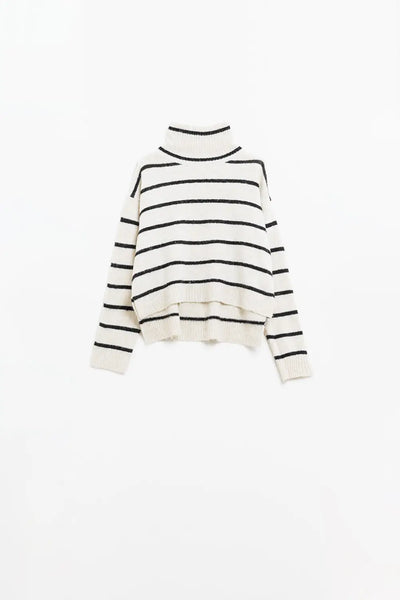 Cream striped sweater in black with high neck - Sweaters