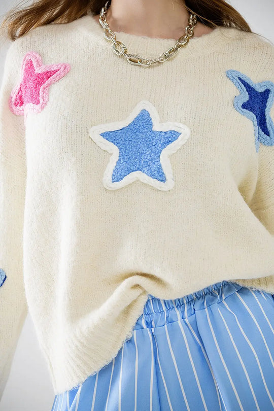 Cream Sweater With Embroidered Stars - One Size / White - Sweaters