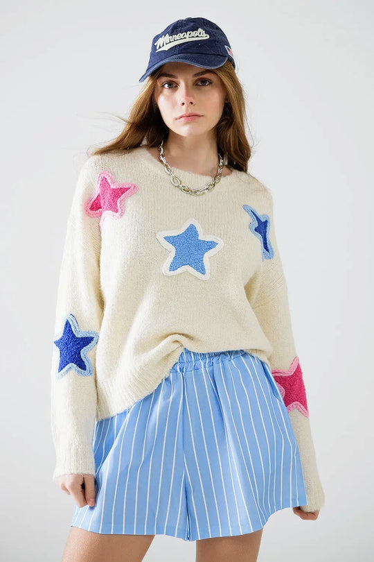 Cream Sweater With Embroidered Stars - One Size / White - Sweaters