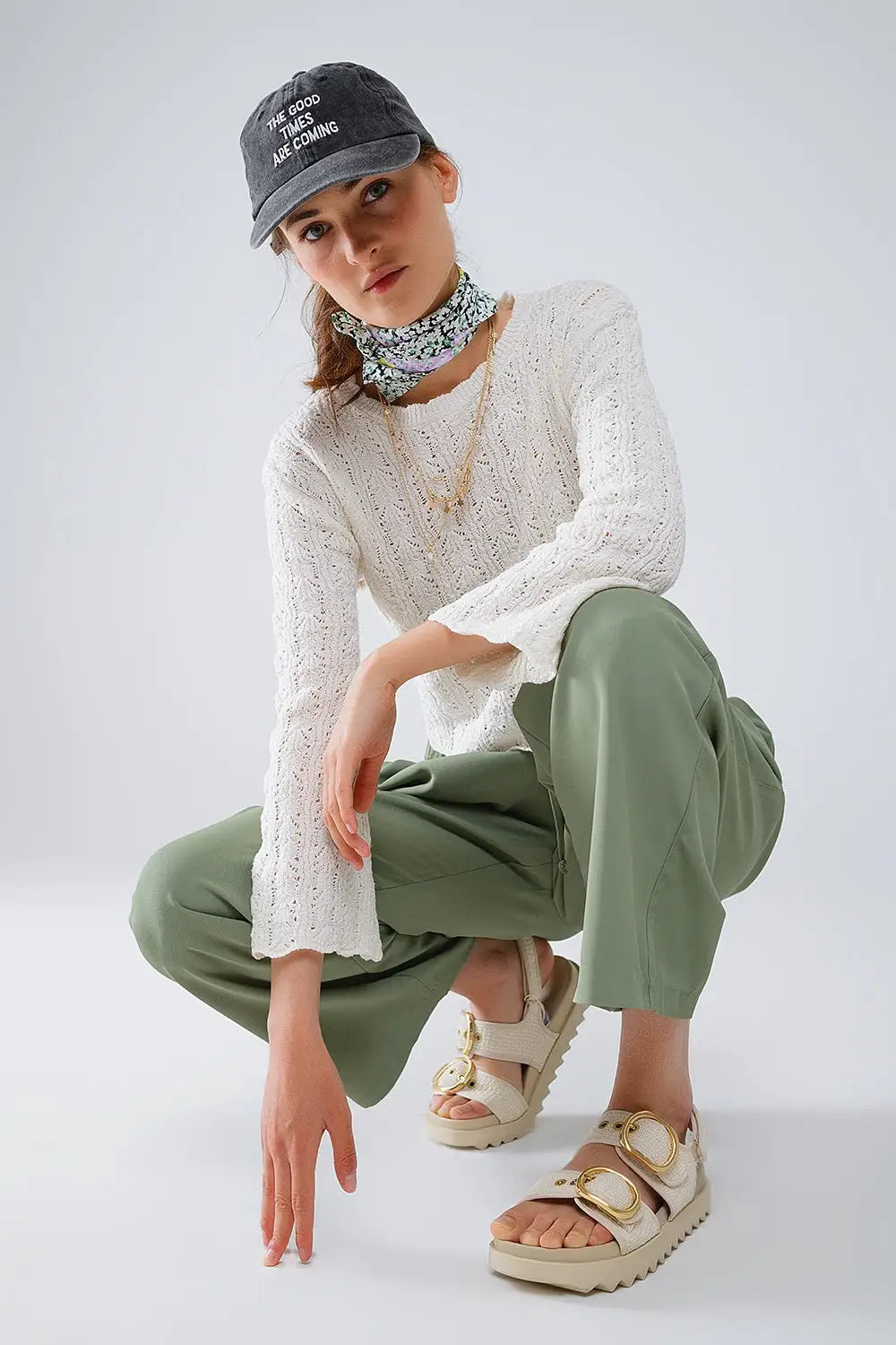 Cream Sweater With Flared Sleeves - Sweaters