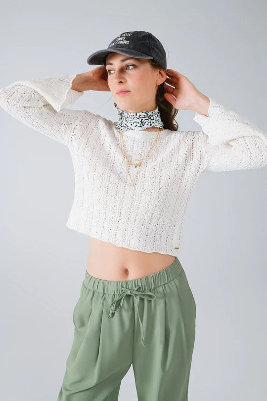 Cream Sweater With Flared Sleeves - Sweaters