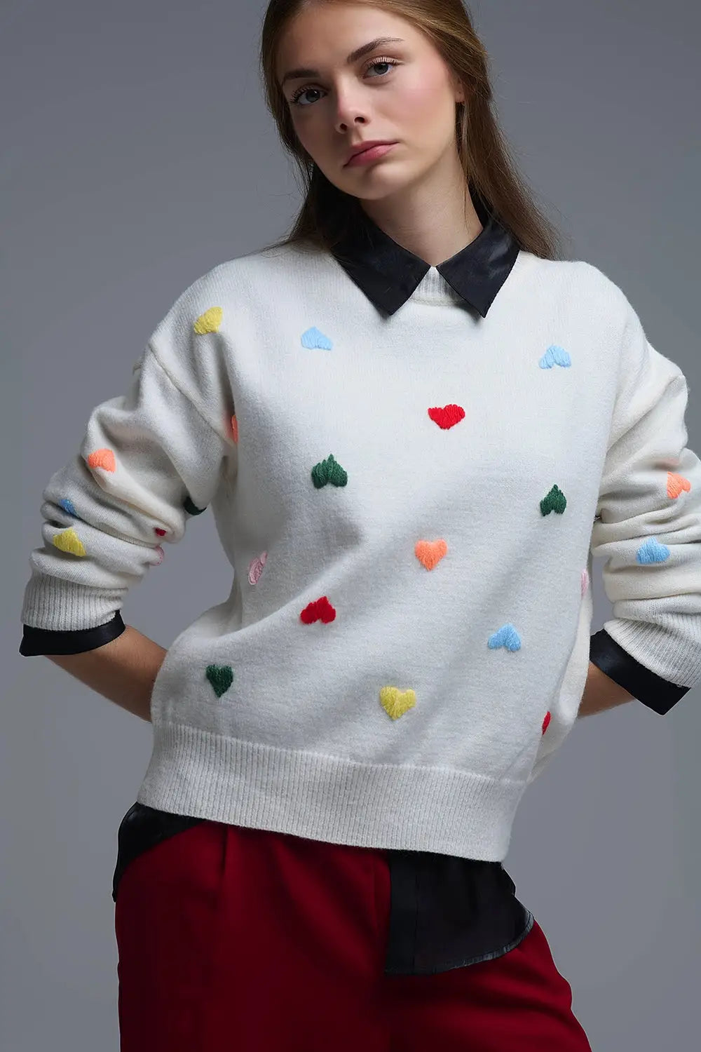 Q2 Cream Sweater With Multicolor Embroidered Hearts