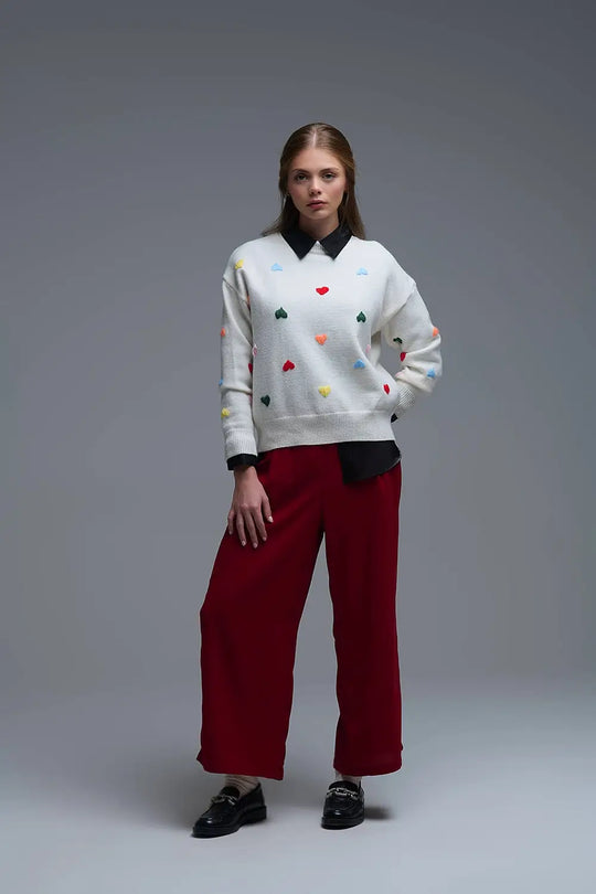 Cream Sweater With Multicolor Embroidered Hearts - One Size / White - Sweaters