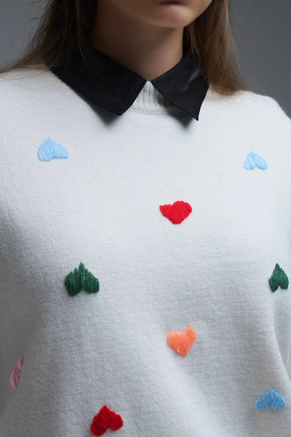 Cream Sweater With Multicolor Embroidered Hearts - One Size / White - Sweaters