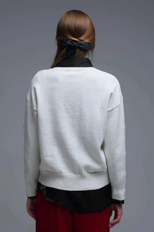 Cream Sweater With Multicolor Embroidered Hearts - One Size / White - Sweaters