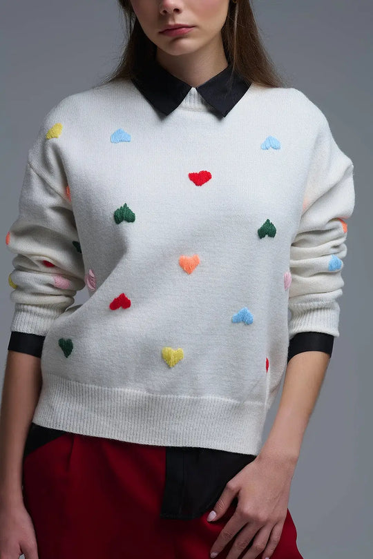 Cream Sweater With Multicolor Embroidered Hearts - One Size / White - Sweaters