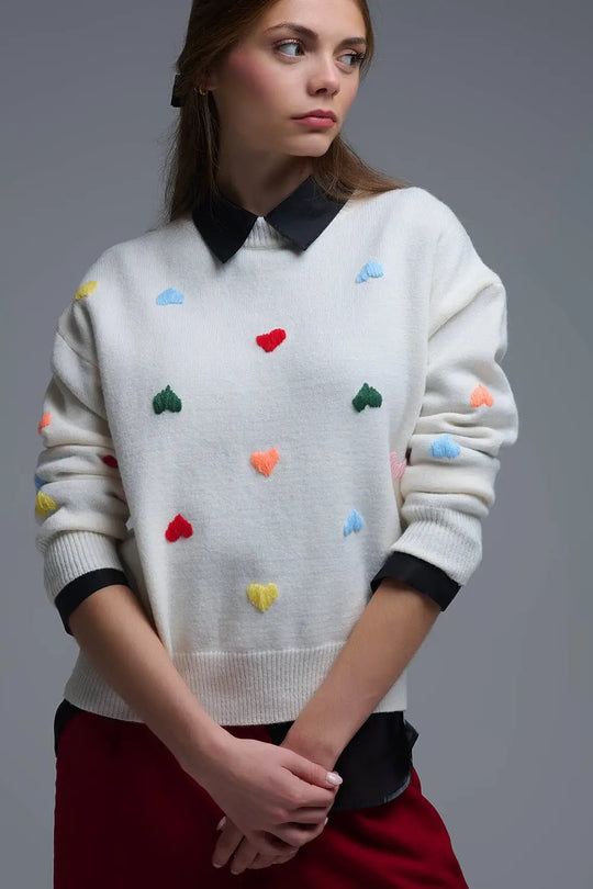 Cream Sweater With Multicolor Embroidered Hearts - One Size / White - Sweaters