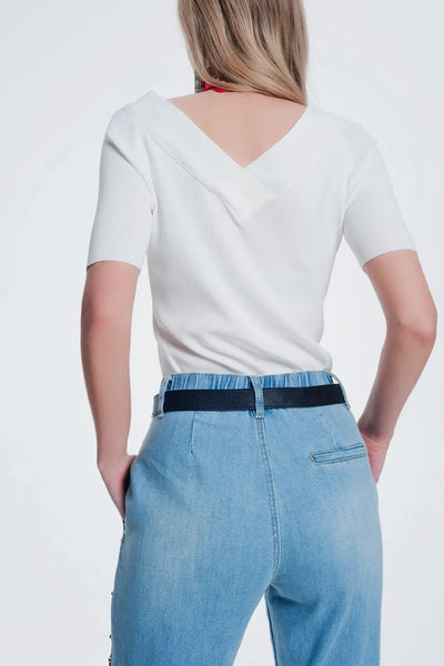 cream sweater with v neck and short sleeves - Sweaters