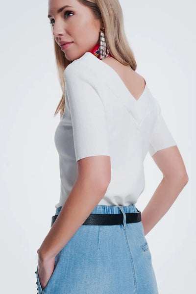 cream sweater with v neck and short sleeves - Sweaters