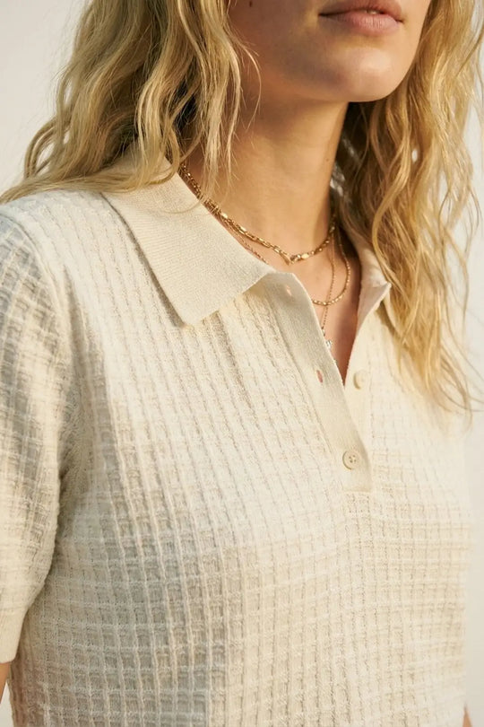 Cream Textured Knit Polo Shirt with Short Sleeves - Sweaters