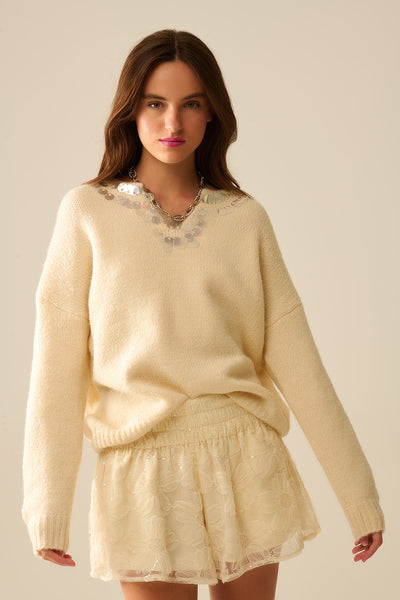 Cream V-neck sweater with sequin detail