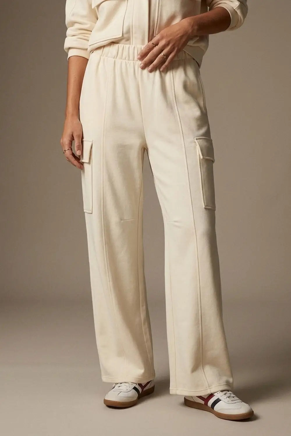 Q2 Cream viscose Elastic Waist Cargo Pocket Wide Leg Pants
