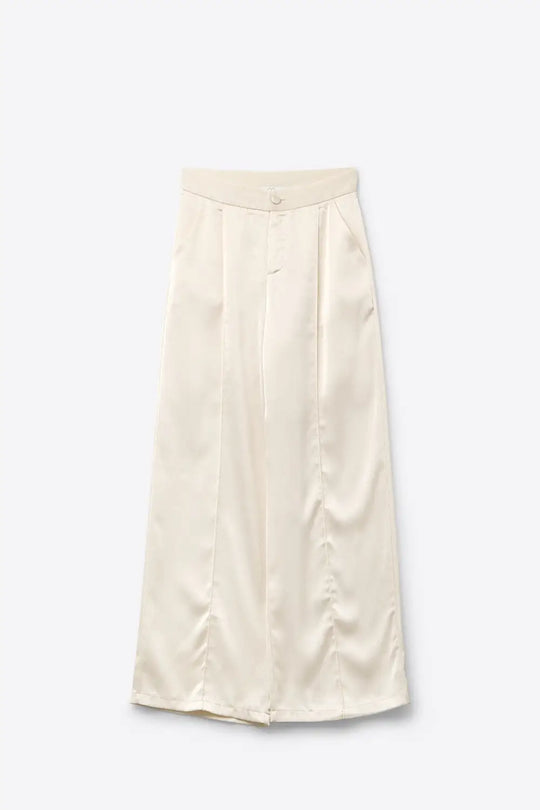 Q2 cream wide leg pants in textured satin