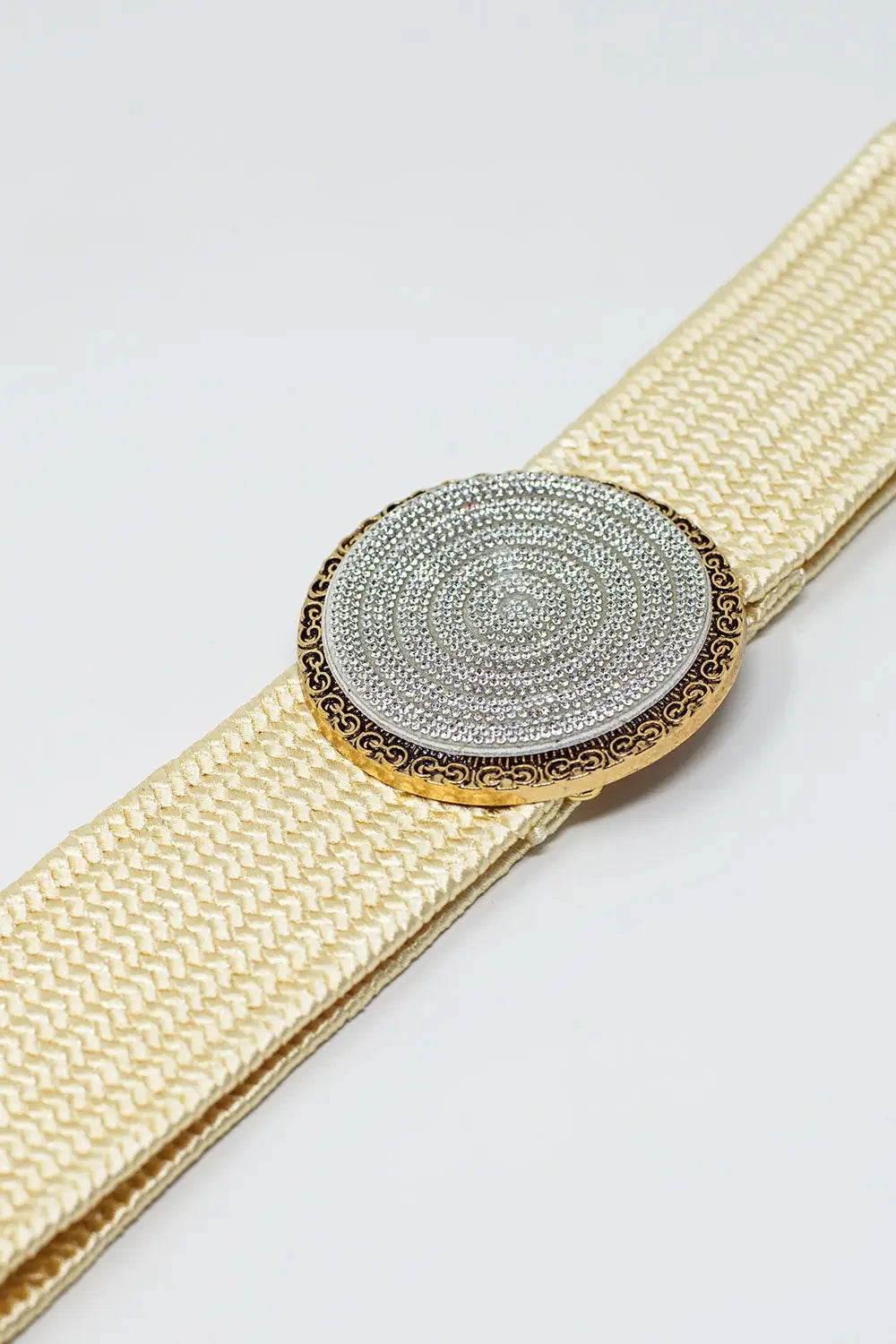 Cream woven belt with round buckle with rhinestones - One Size / White - Accesory