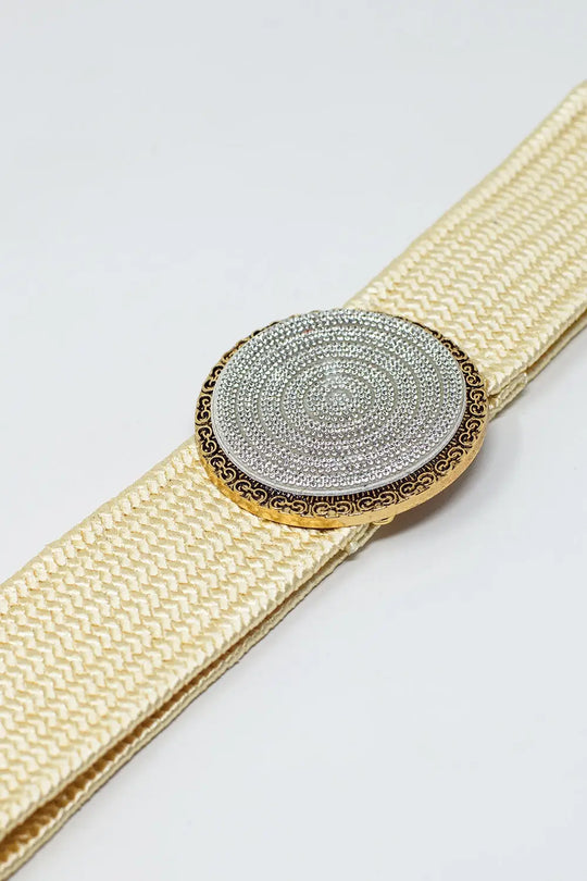 Cream woven belt with round buckle with rhinestones - One Size / White - Accesory