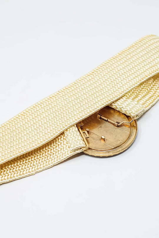 Cream woven belt with round buckle with rhinestones - One Size / White - Accesory