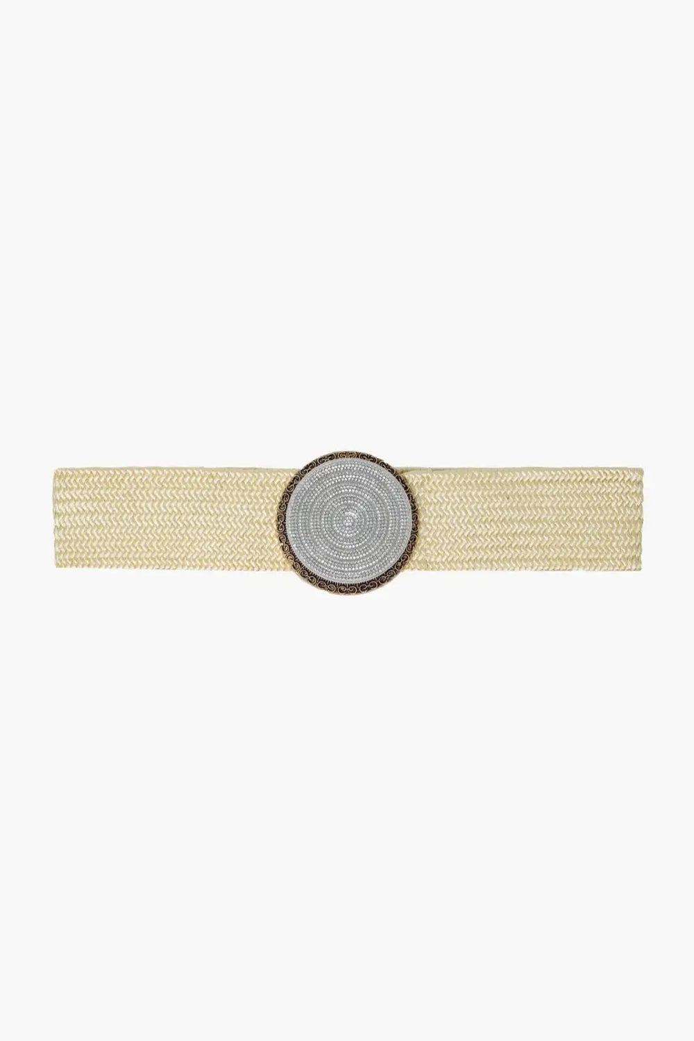 Cream woven belt with round buckle with rhinestones - One Size / White - Accesory