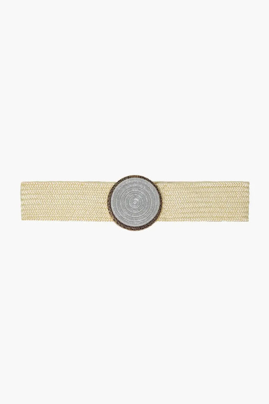 Cream woven belt with round buckle with rhinestones - One Size / White - Accesory