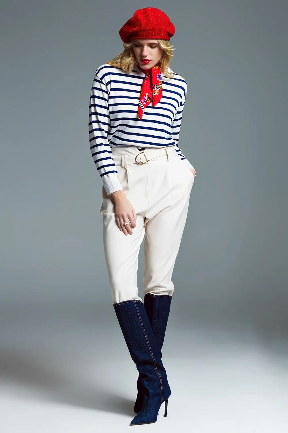 Crew Neck Basic Stripe Sweater in White and Navy - Sweaters