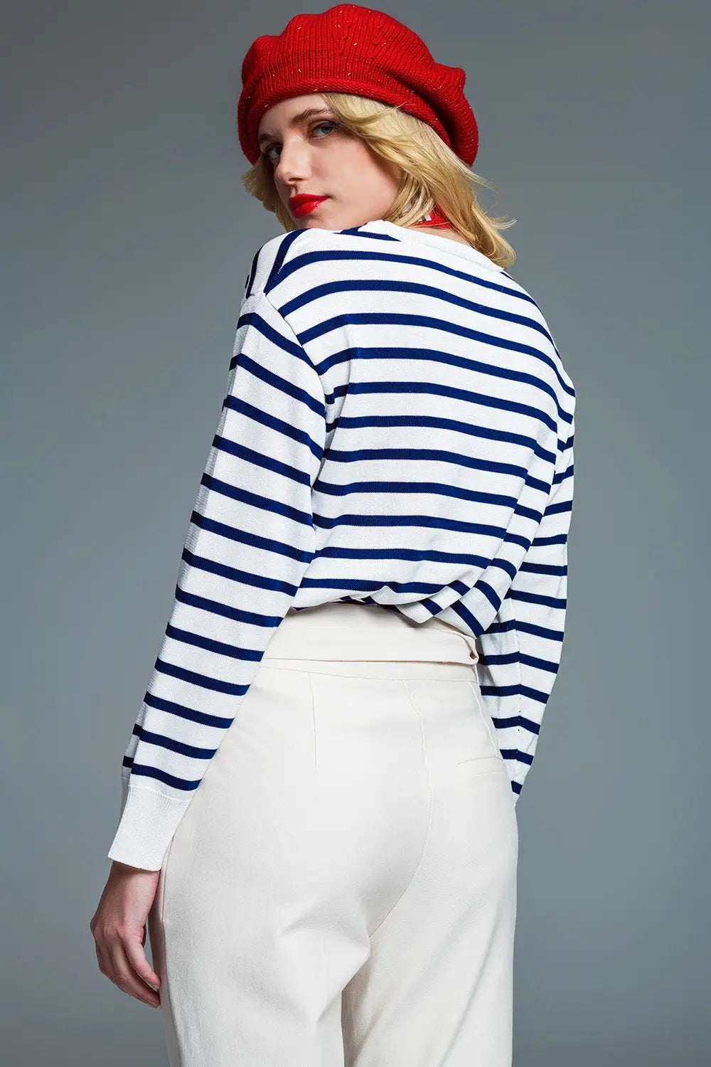 Crew Neck Basic Stripe Sweater in White and Navy - Sweaters