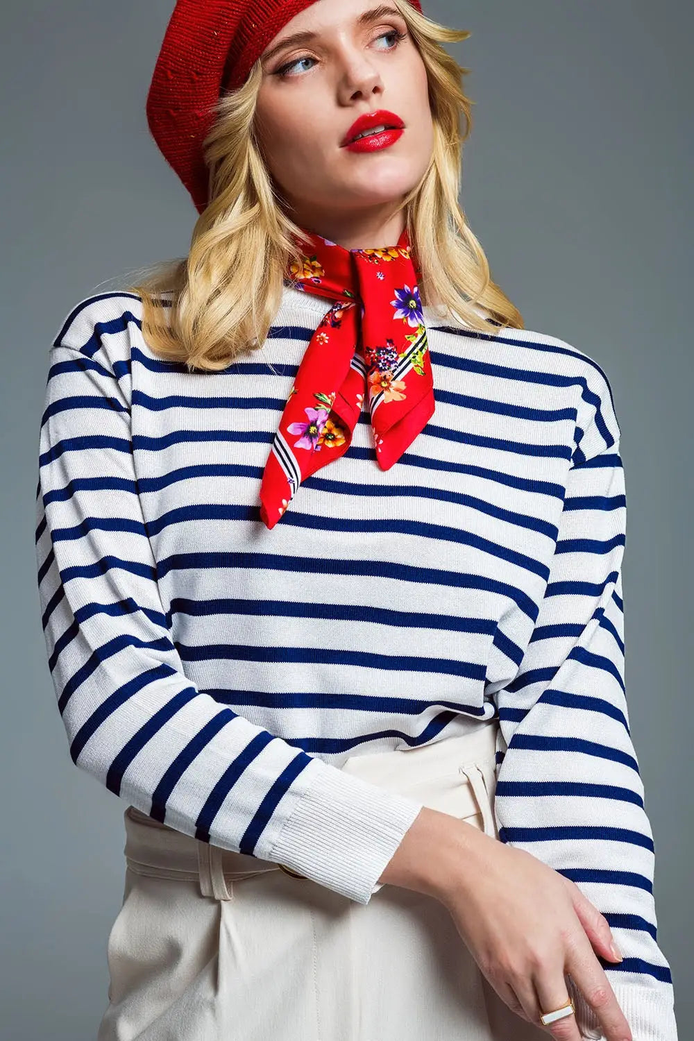 Crew Neck Basic Stripe Sweater in White and Navy - Sweaters