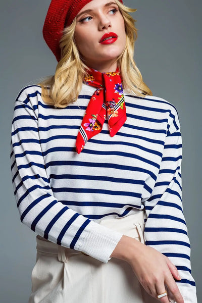 Crew Neck Basic Stripe Sweater in White and Navy - Sweaters