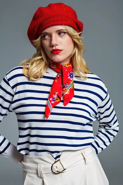 Crew Neck Basic Stripe Sweater in White and Navy - Sweaters