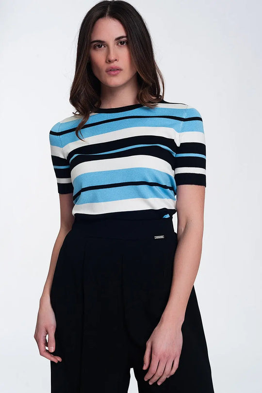 Crew neck boxy jumper with multi stripes in blue - Sweaters