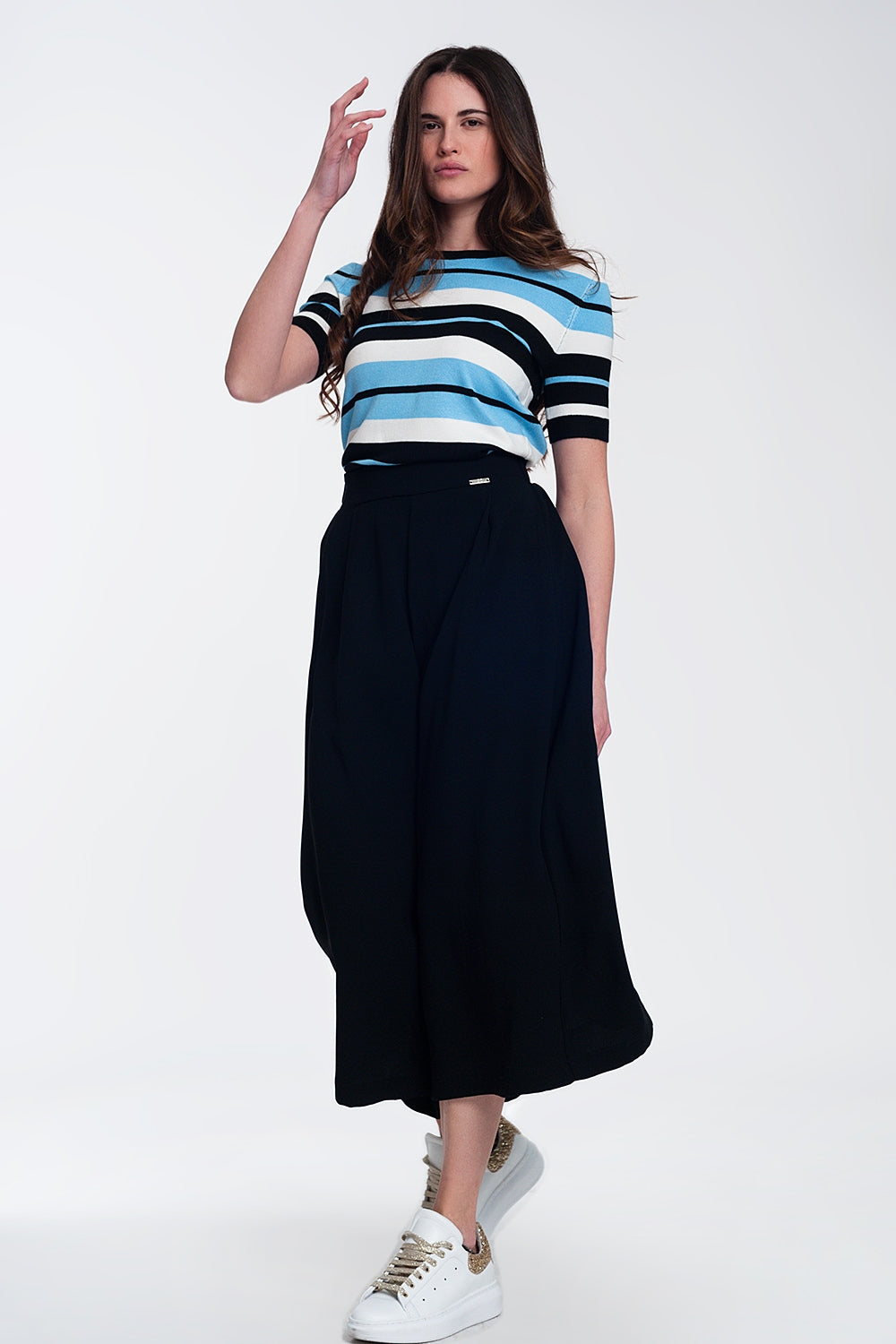 Crew neck boxy jumper with multi stripes in blue