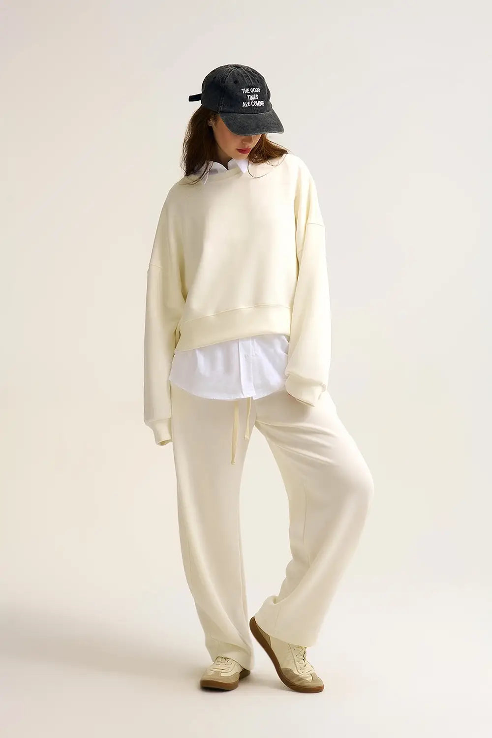 Crew Neck Dropped Shoulder Basic Sweatshirt in Cream - One Size / White - Sweaters