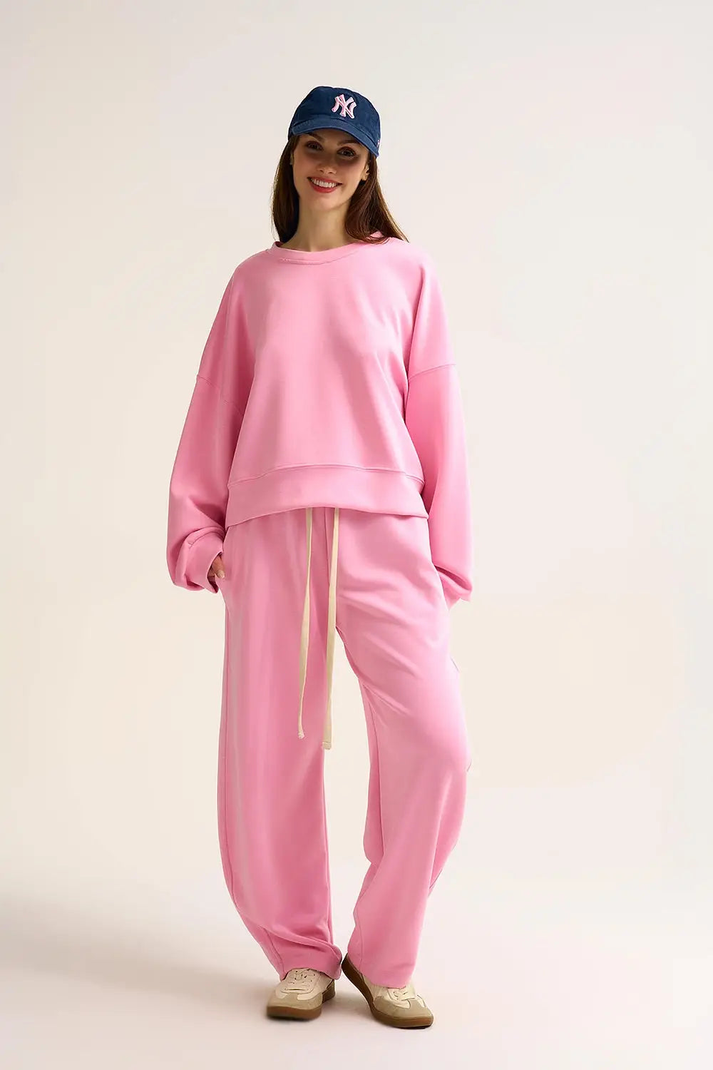 Crew Neck Dropped Shoulder Basic Sweatshirt in Pink - One Size / Pink - Sweaters