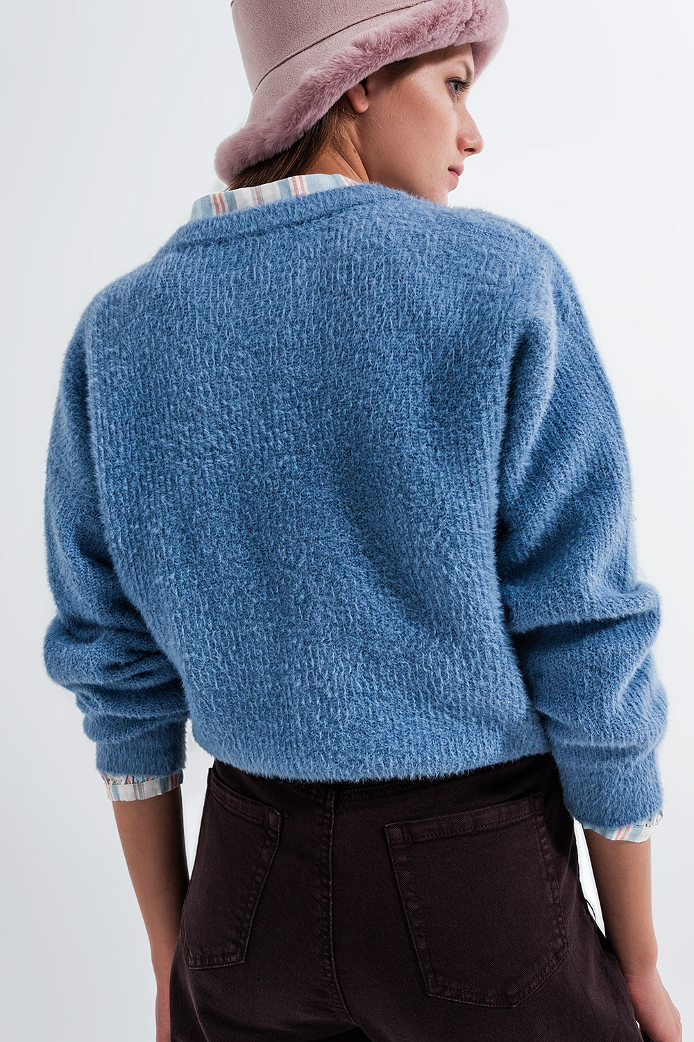 Crew neck jumper in rib with fluffy yarn in blue