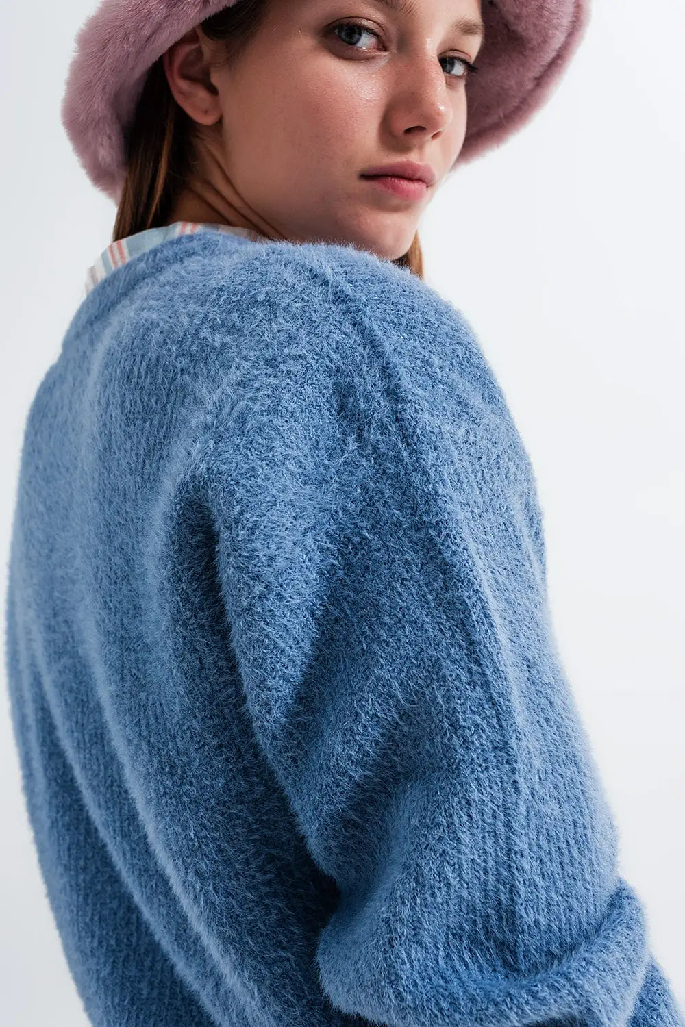 Crew neck jumper in rib with fluffy yarn in blue - Sweaters