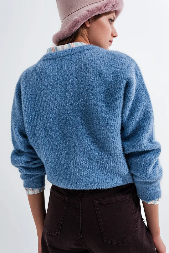 Crew neck jumper in rib with fluffy yarn in blue - Sweaters