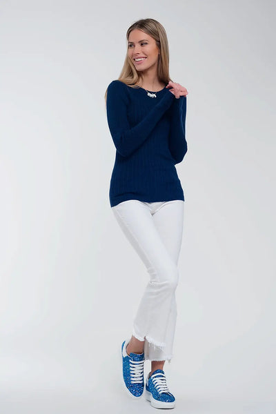 Crew neck ribbed sweater in navy - Sweaters