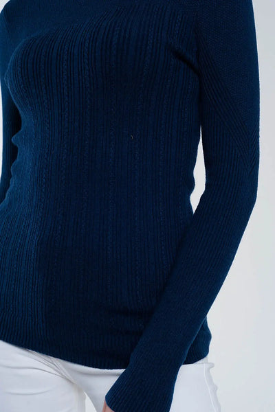 Crew neck ribbed sweater in navy - Sweaters