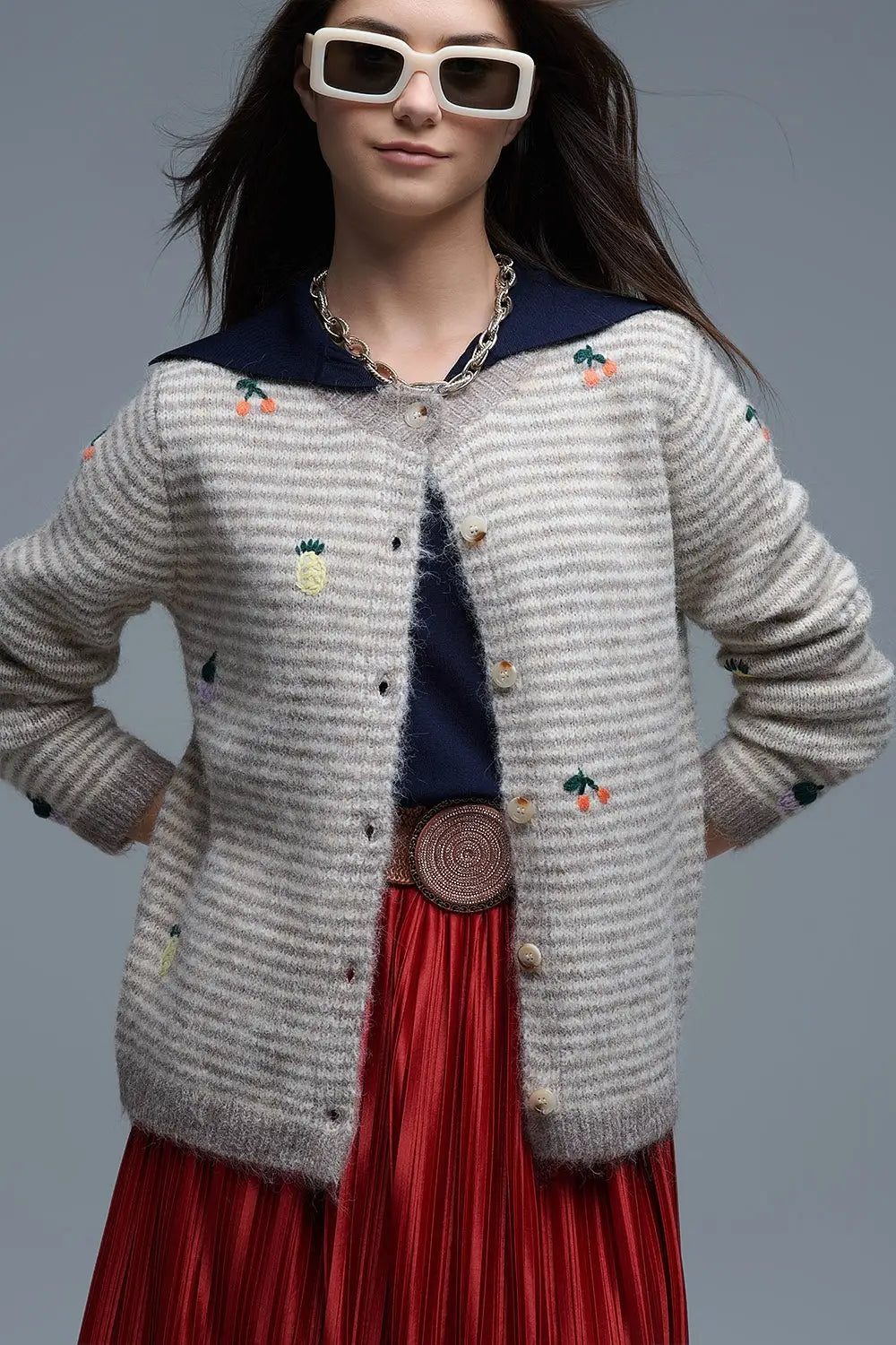 Q2 Crew Neck Striped Cardigan With Embroidered Fruits in Beige