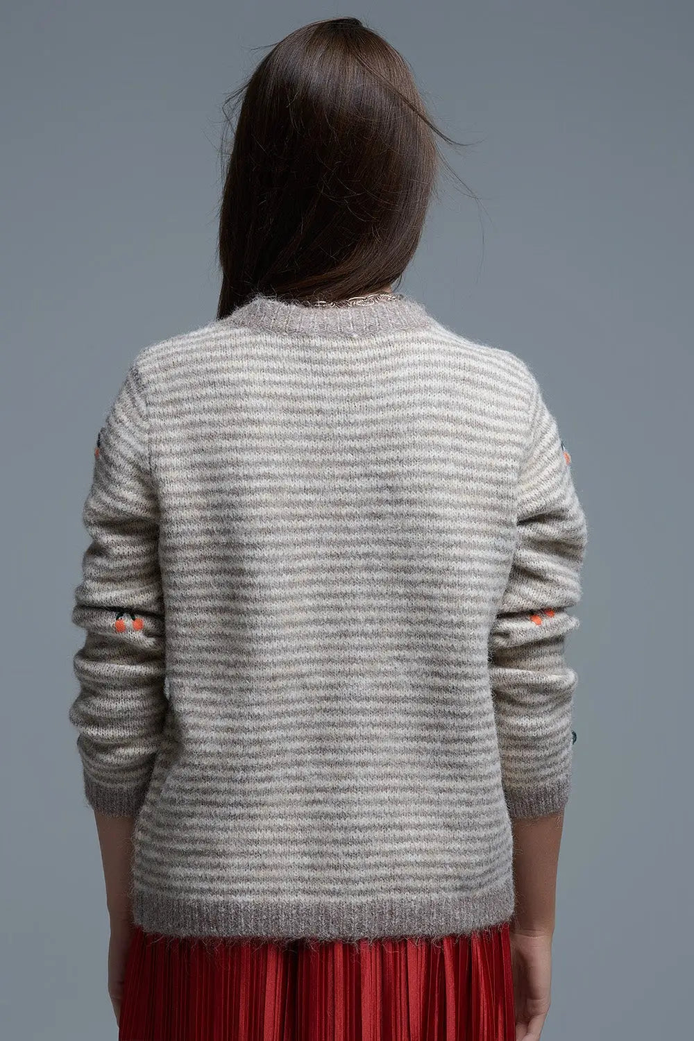 Crew Neck Striped Cardigan With Embroidered Fruits in Beige - One Size / Beige - Sweaters