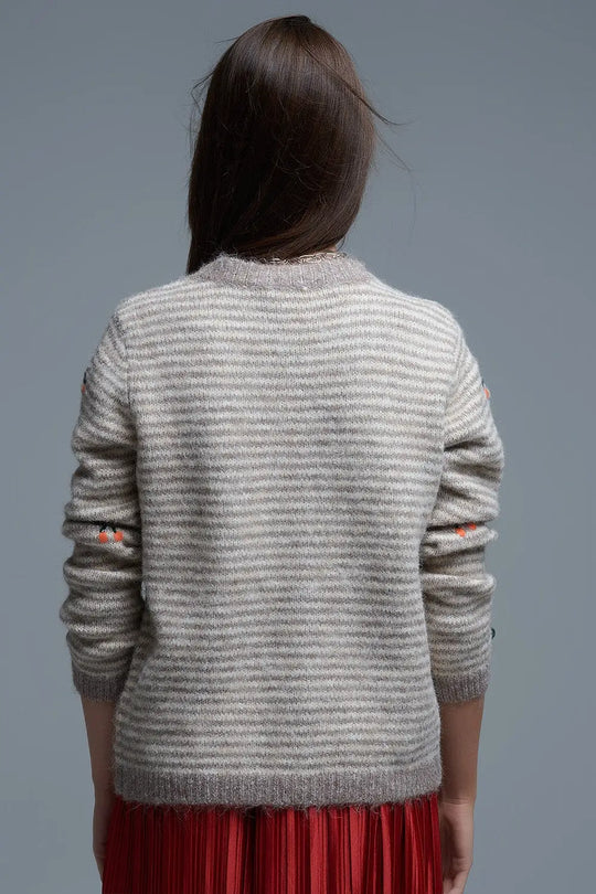 Crew Neck Striped Cardigan With Embroidered Fruits in Beige - One Size / Beige - Sweaters