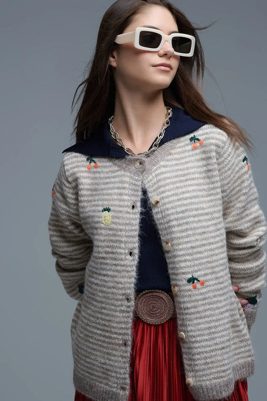 Crew Neck Striped Cardigan With Embroidered Fruits in Beige - One Size / Beige - Sweaters