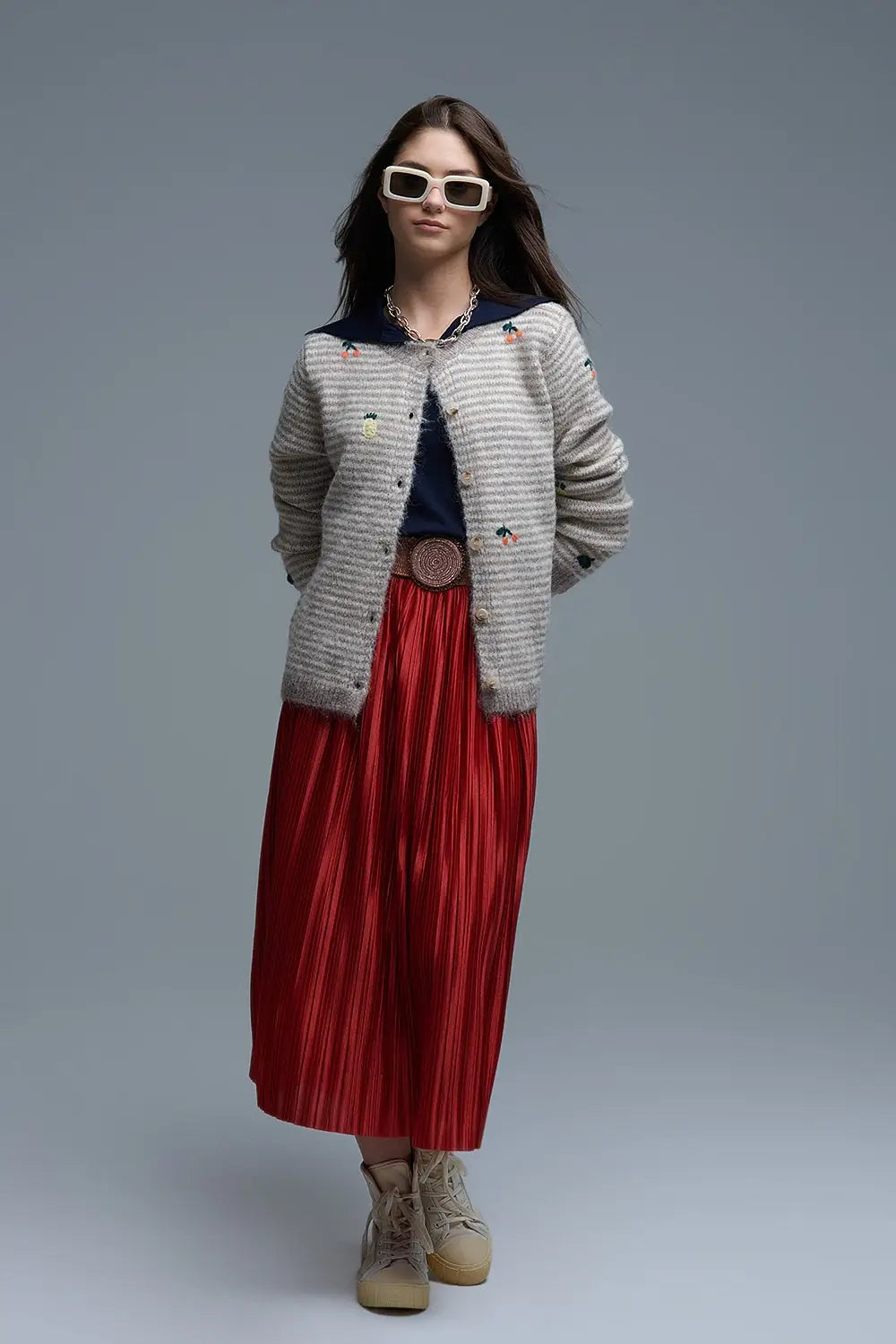 Crew Neck Striped Cardigan With Embroidered Fruits in Beige - One Size / Beige - Sweaters