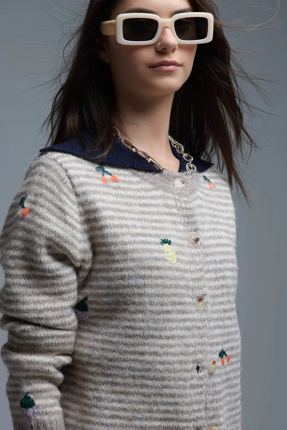 Crew Neck Striped Cardigan With Embroidered Fruits in Beige - One Size / Beige - Sweaters