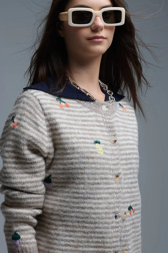 Crew Neck Striped Cardigan With Embroidered Fruits in Beige - One Size / Beige - Sweaters