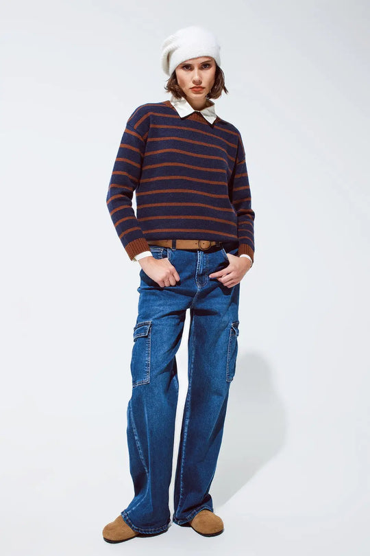 Crew Neck Stripy Sweater in Navy and Rust Orange - Sweaters