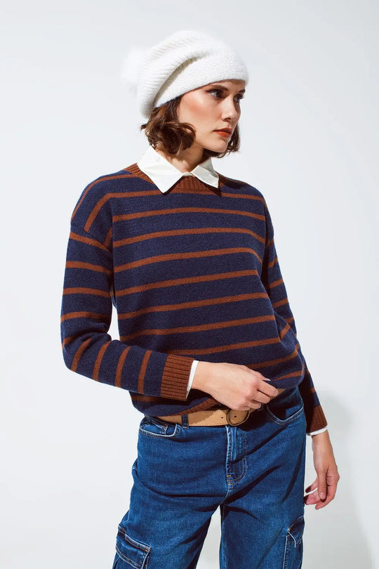 Crew Neck Stripy Sweater in Navy and Rust Orange - Sweaters