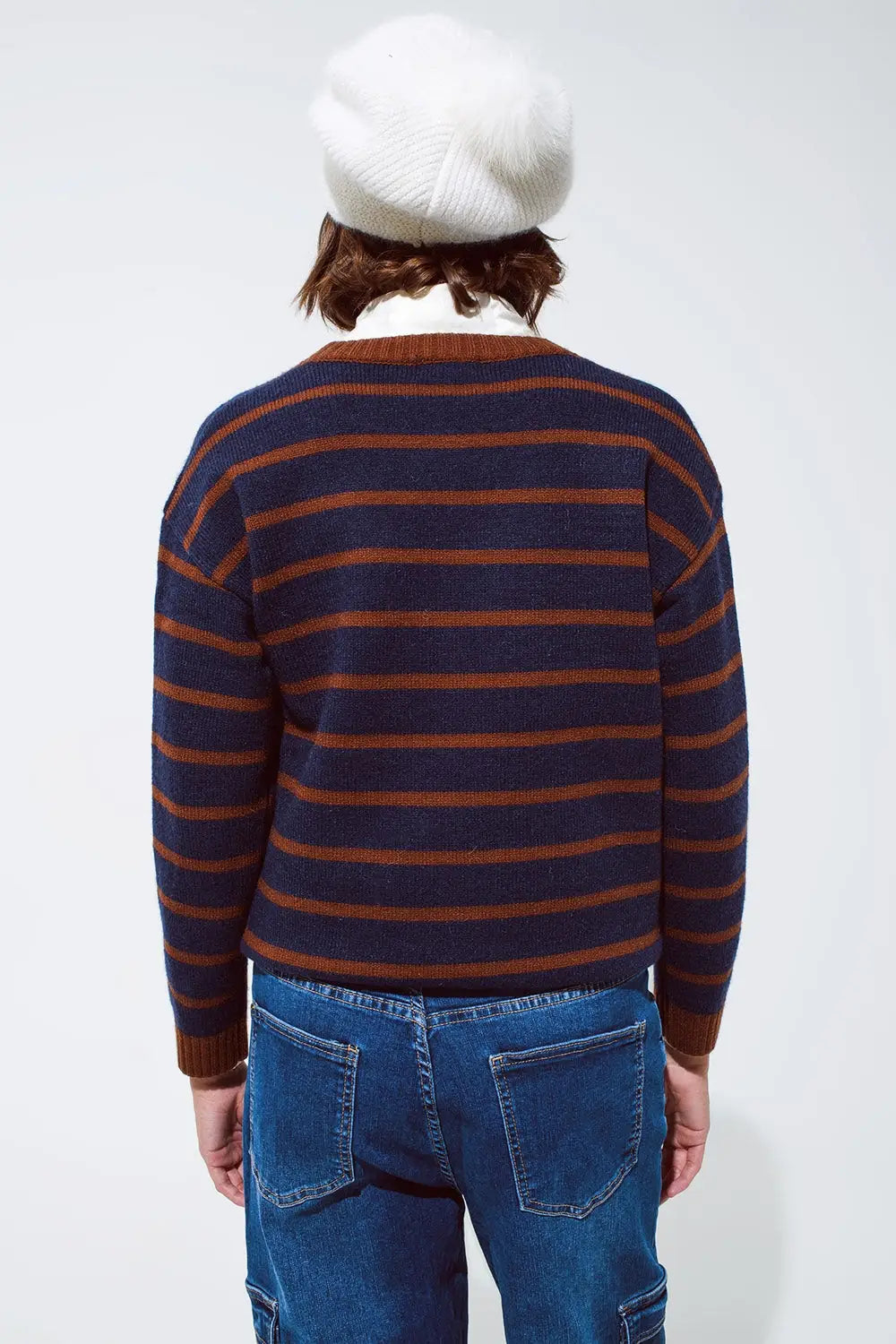 Crew Neck Stripy Sweater in Navy and Rust Orange - Sweaters