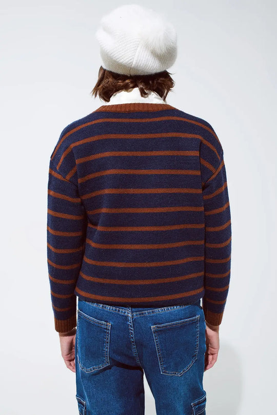 Crew Neck Stripy Sweater in Navy and Rust Orange - Sweaters