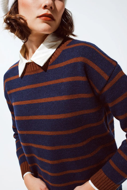 Crew Neck Stripy Sweater in Navy and Rust Orange - Sweaters