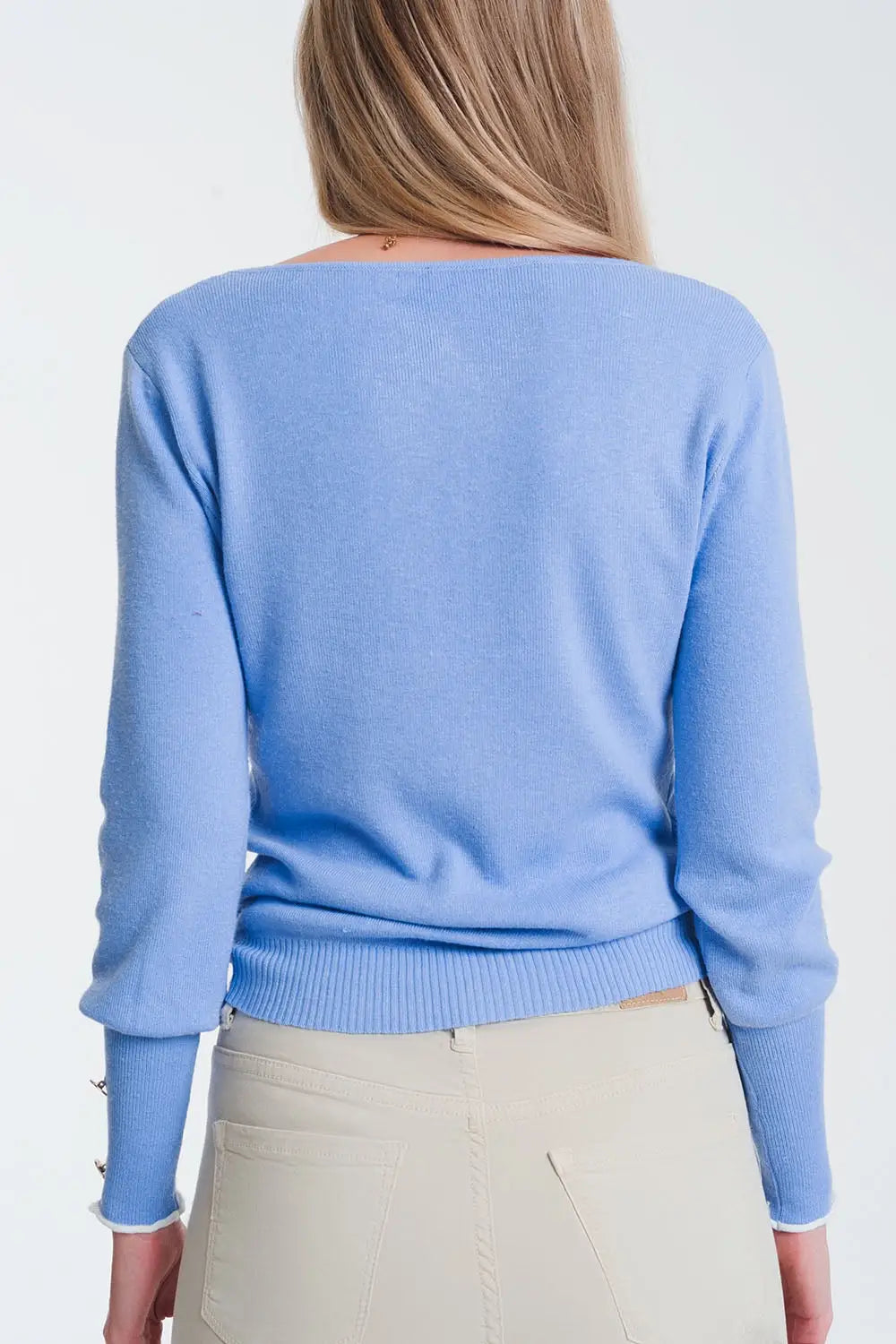 crew neck sweater with button detail in blue - Sweaters