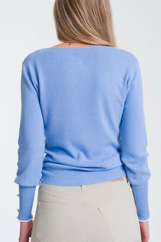 crew neck sweater with button detail in blue - Sweaters